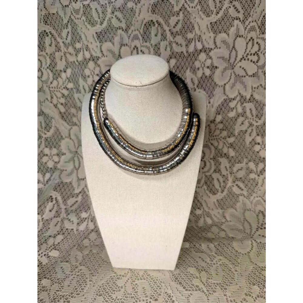Vintage Silver Tone Cups Caps Stacked Beaded Snake Spine Tube Necklace 29"